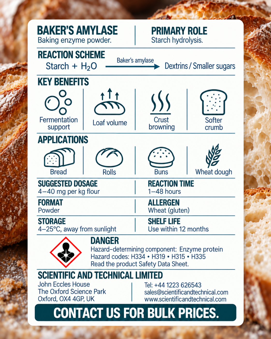 Baker's Amylase back card: baking benefits, dosage, storage and safety