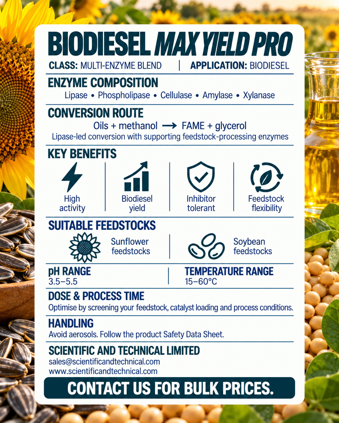 Biodiesel Max Yield Pro technical image with sunflower and soybean imagery