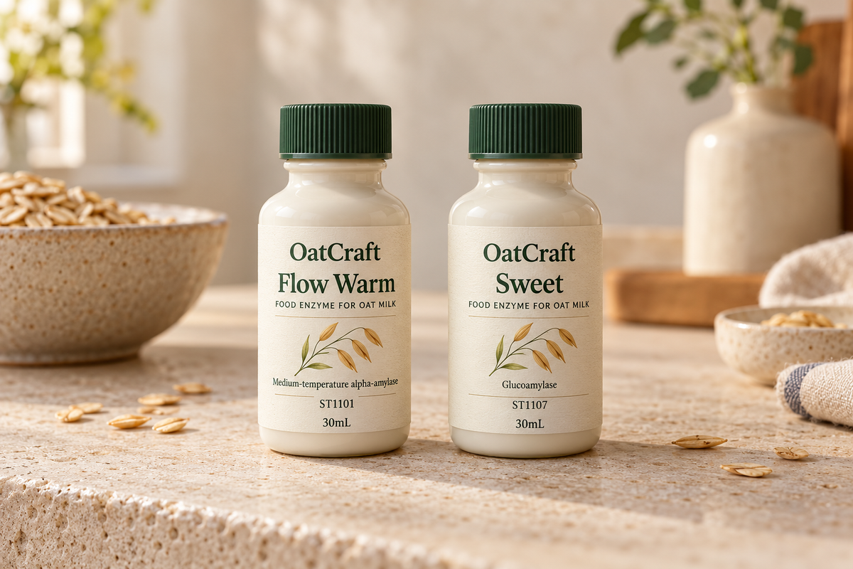 OatCraft Everyday Pair: two ivory 30 mL food-enzyme bottles, Flow Warm and Sweet, with forest-green caps