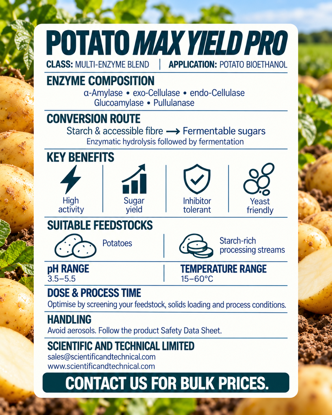 POTATO Max Yield Pro enzyme composition and technical information