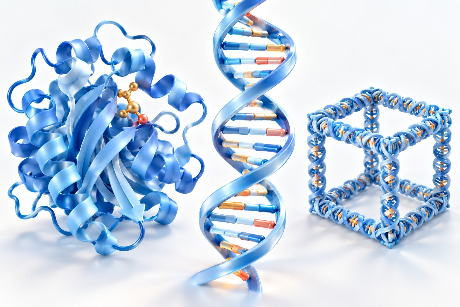 Conceptual illustration for Comparing proteins and nucleic acids for next-generation biomolecular engineering