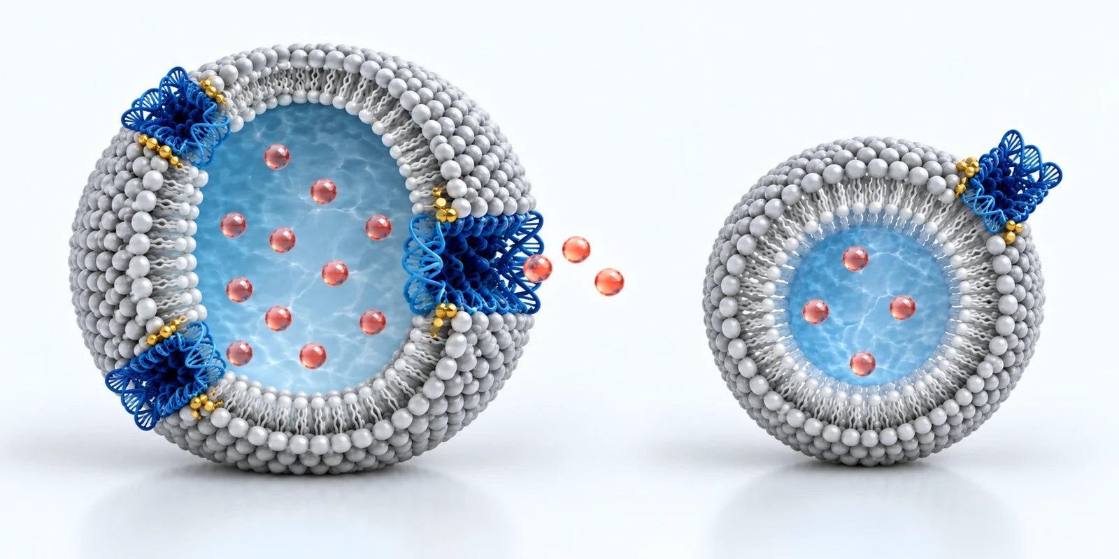 Two grey lipid vesicles containing red dye molecules: three cholesterol-anchored DNA nanopores on the large vesicle and a radially rotated pore on the smaller vesicle