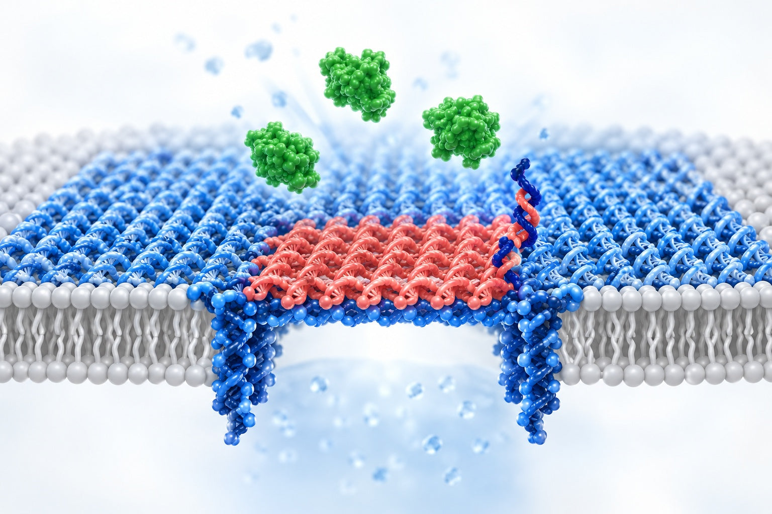 Conceptual illustration for A reversibly gated protein-transporting membrane channel made of DNA