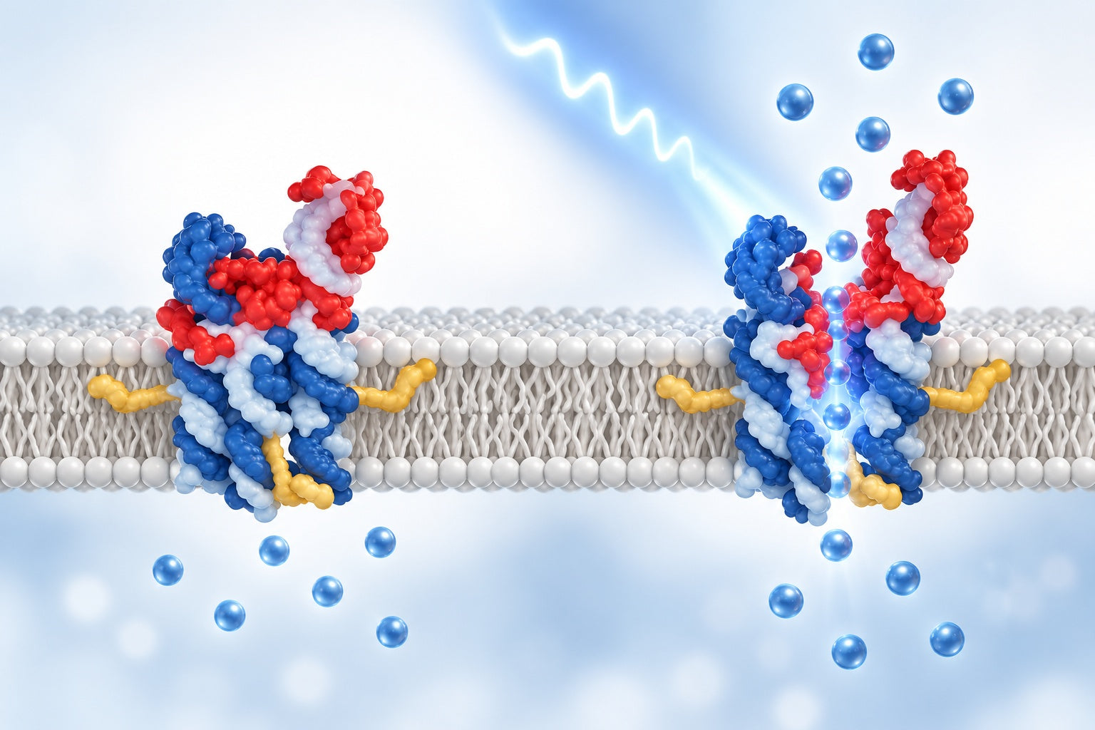 Conceptual illustration for A Light‐Triggered Synthetic Nanopore for Controlling Molecular Transport Across Biological Membranes