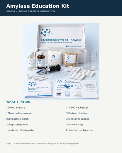 S&T ST0226 Amylase Education Kit: boxed kit and complete contents list
