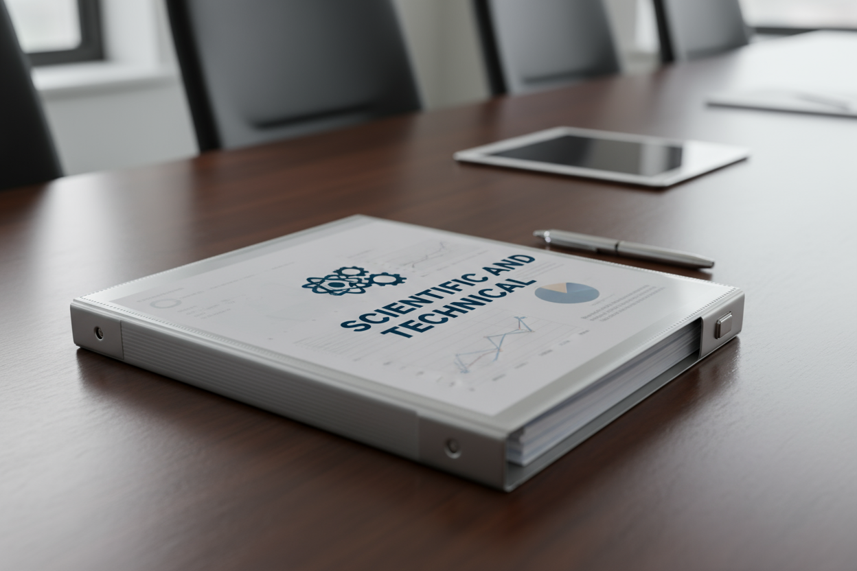 a report folder with the name Scientific and Technical on the front on a table
