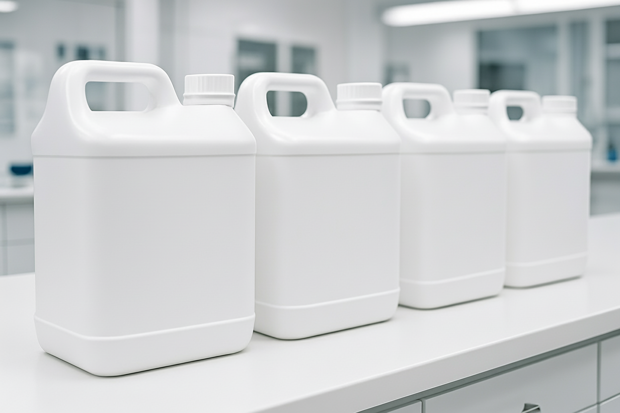 a row of white 10 litre cans lined up perfectly in a laboratory