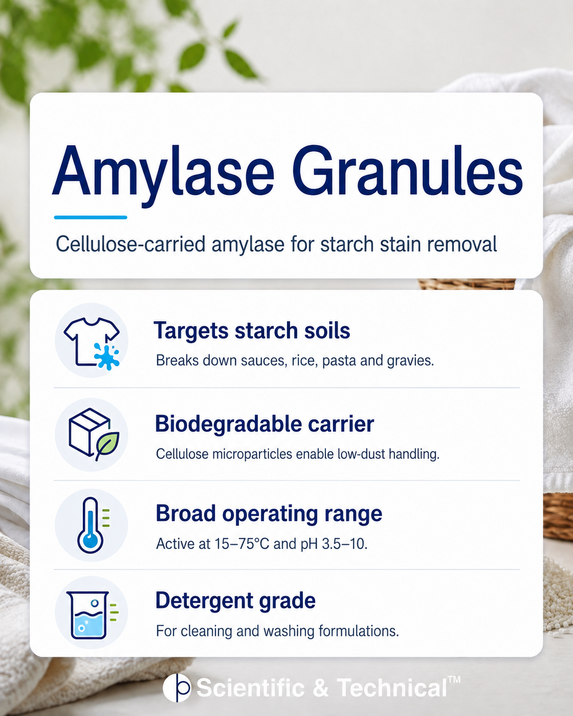 Amylase (cellulose granulate) product features and specifications