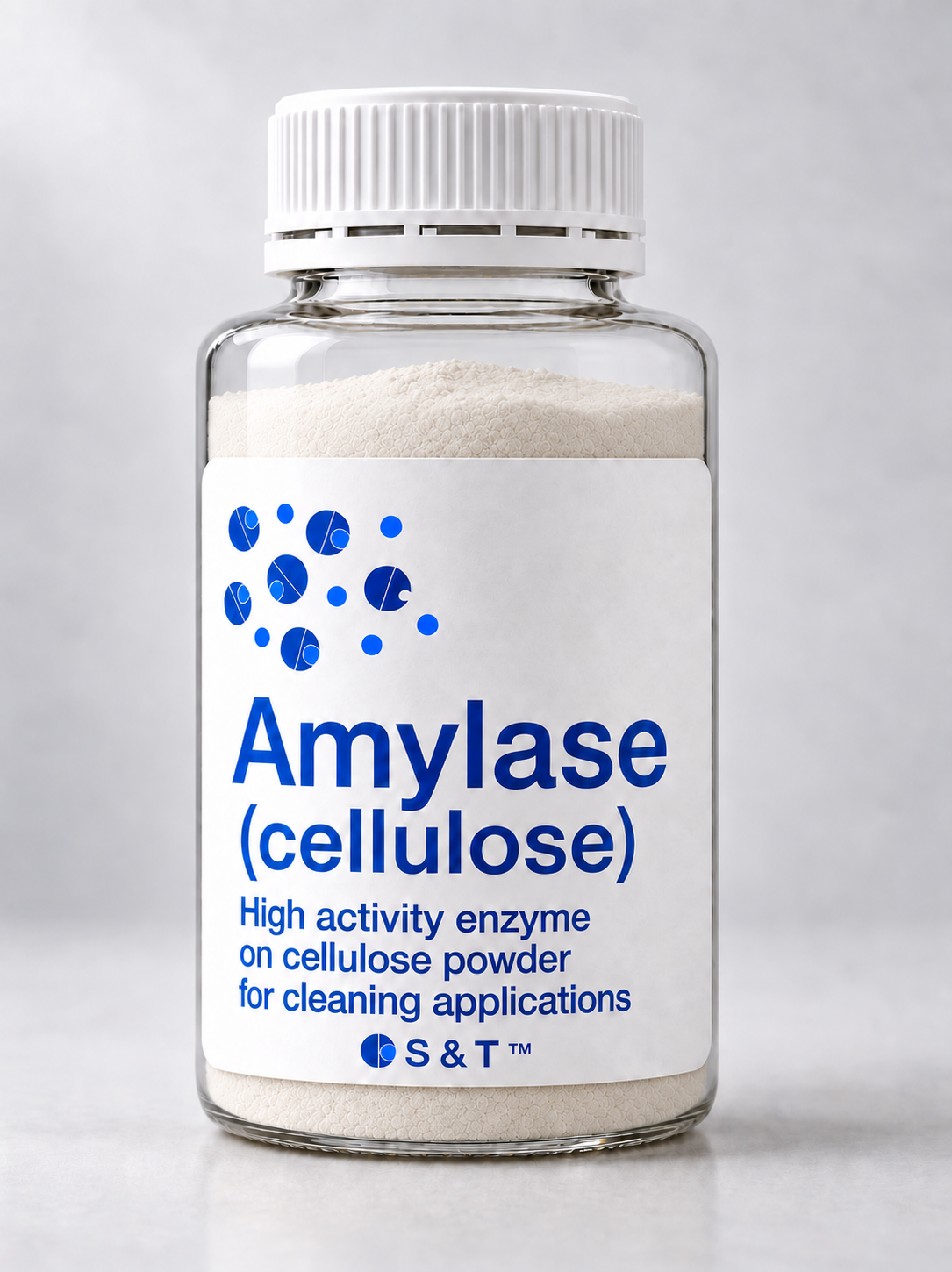 Amylase (cellulose powder) bottle containing fine enzyme powder