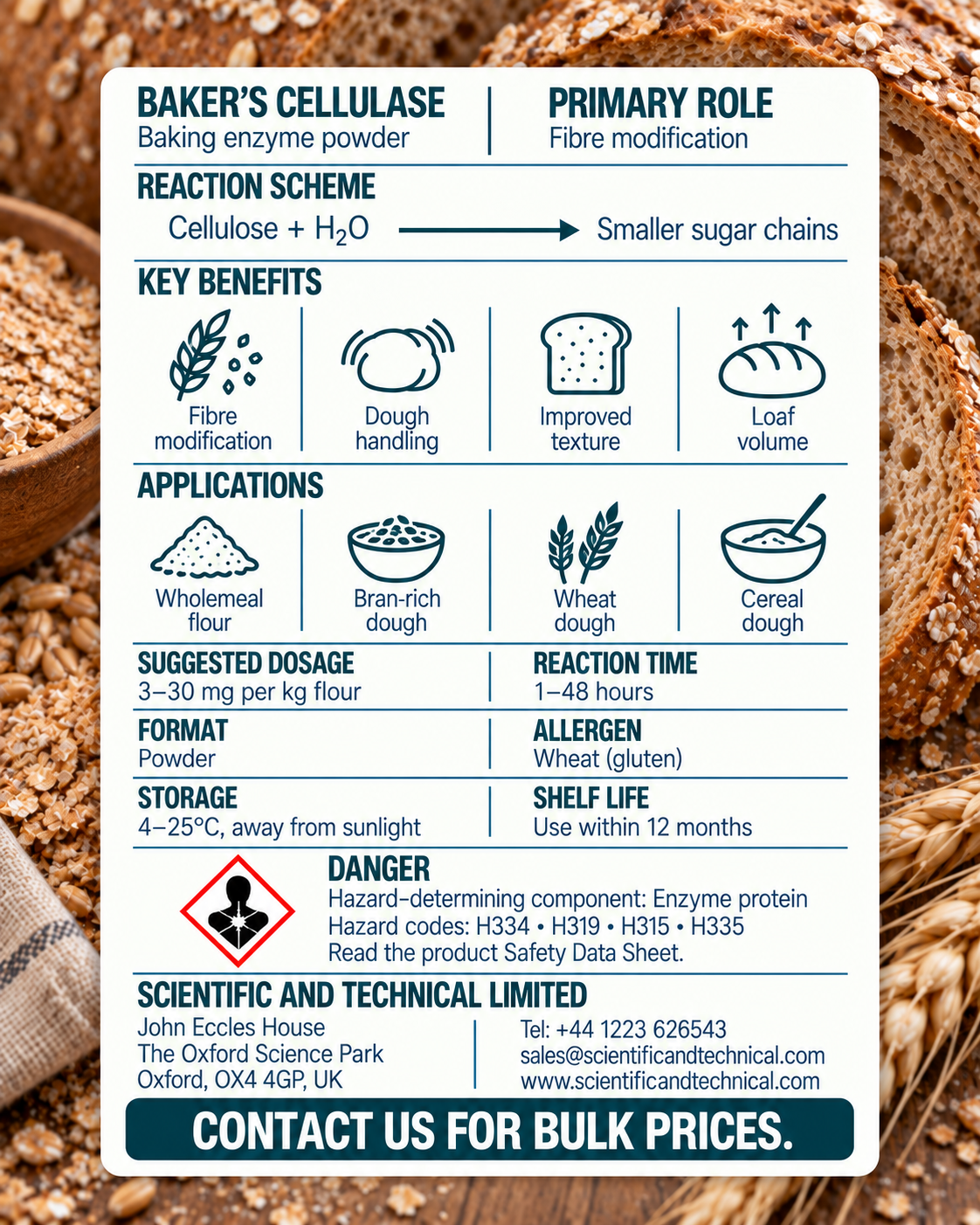 Baker's Cellulase back card: baking benefits, dosage, storage and safety