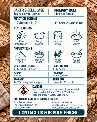 Baker's Cellulase back card: baking benefits, dosage, storage and safety