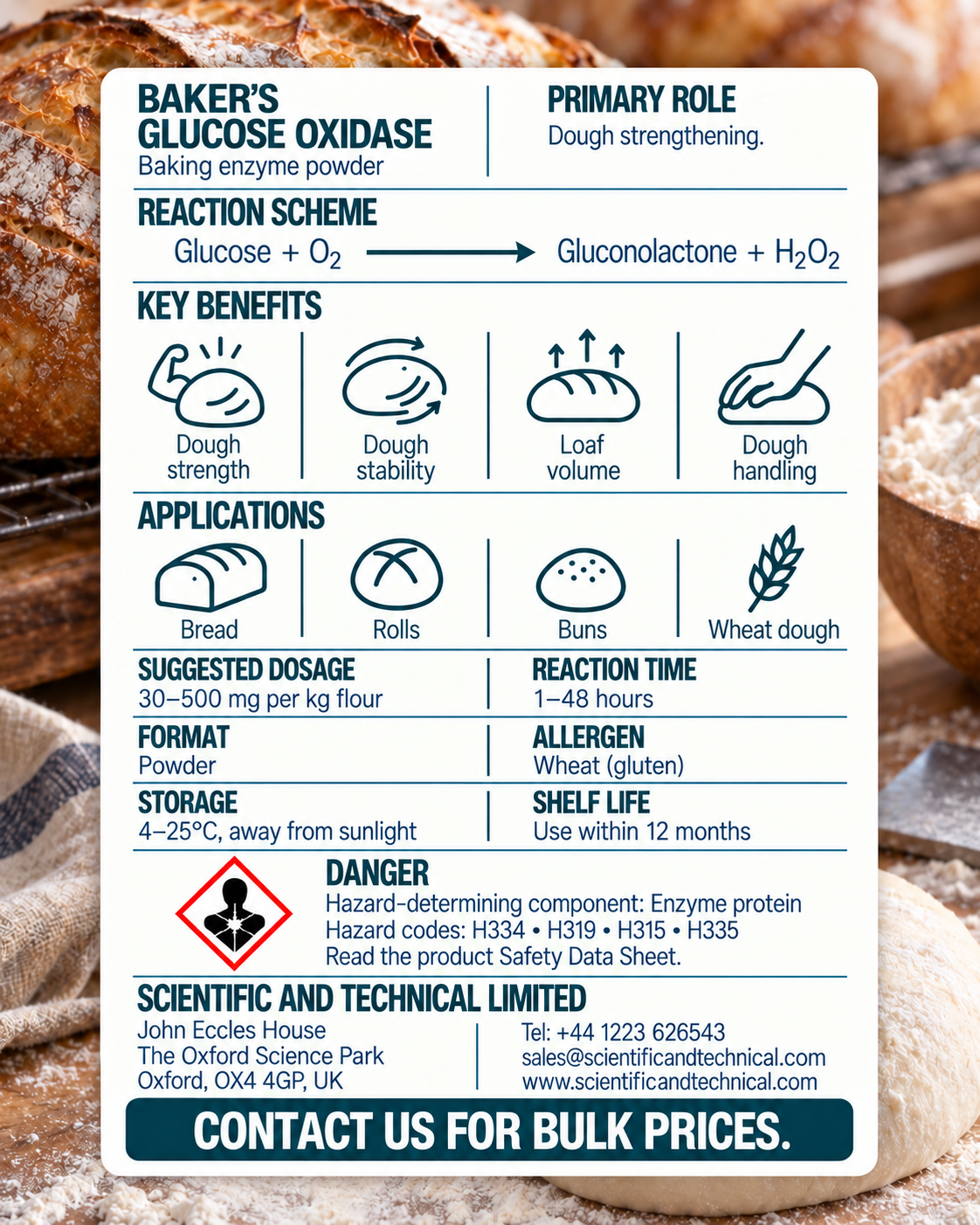 Baker's Glucose Oxidase back card: baking benefits, dosage, storage and safety