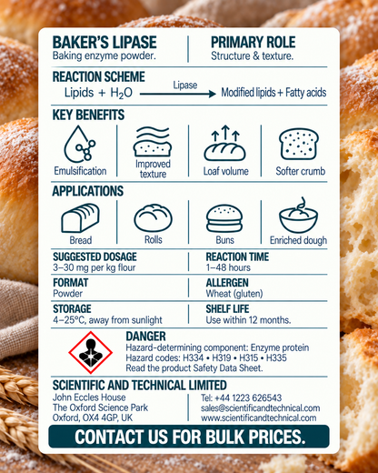 Baker's Lipase back card: baking benefits, dosage, storage and safety