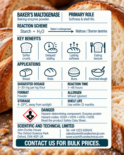 Baker's Maltogenase back card: baking benefits, dosage, storage and safety
