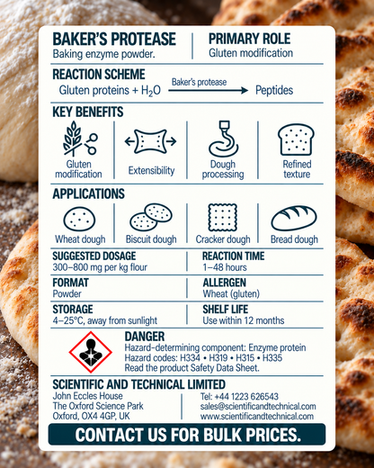 Baker's Protease back card: baking benefits, dosage, storage and safety
