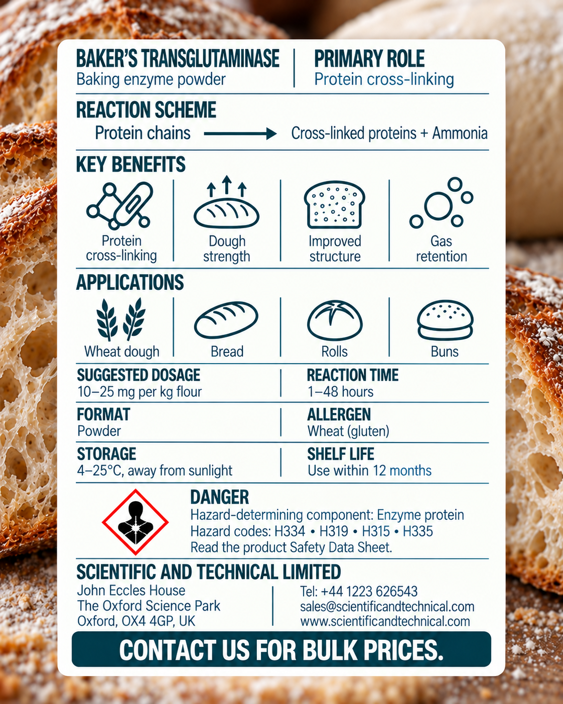 Baker's Transglutaminase back card: baking benefits, dosage, storage and safety