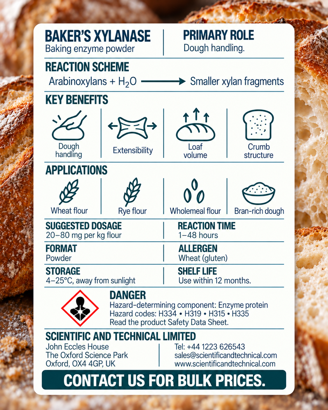 Baker's Xylanase back card: baking benefits, dosage, storage and safety
