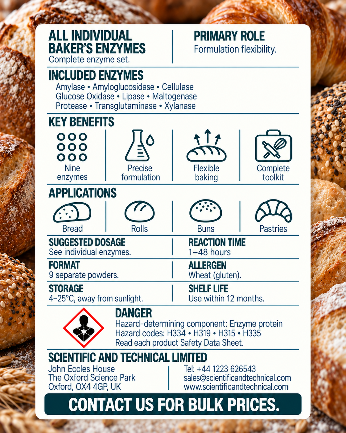 All Individual Baker's Enzymes back card: baking benefits, dosage, storage and safety