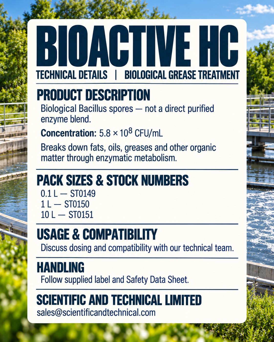 Bioactive HC back technical card: composition, pack sizes and handling