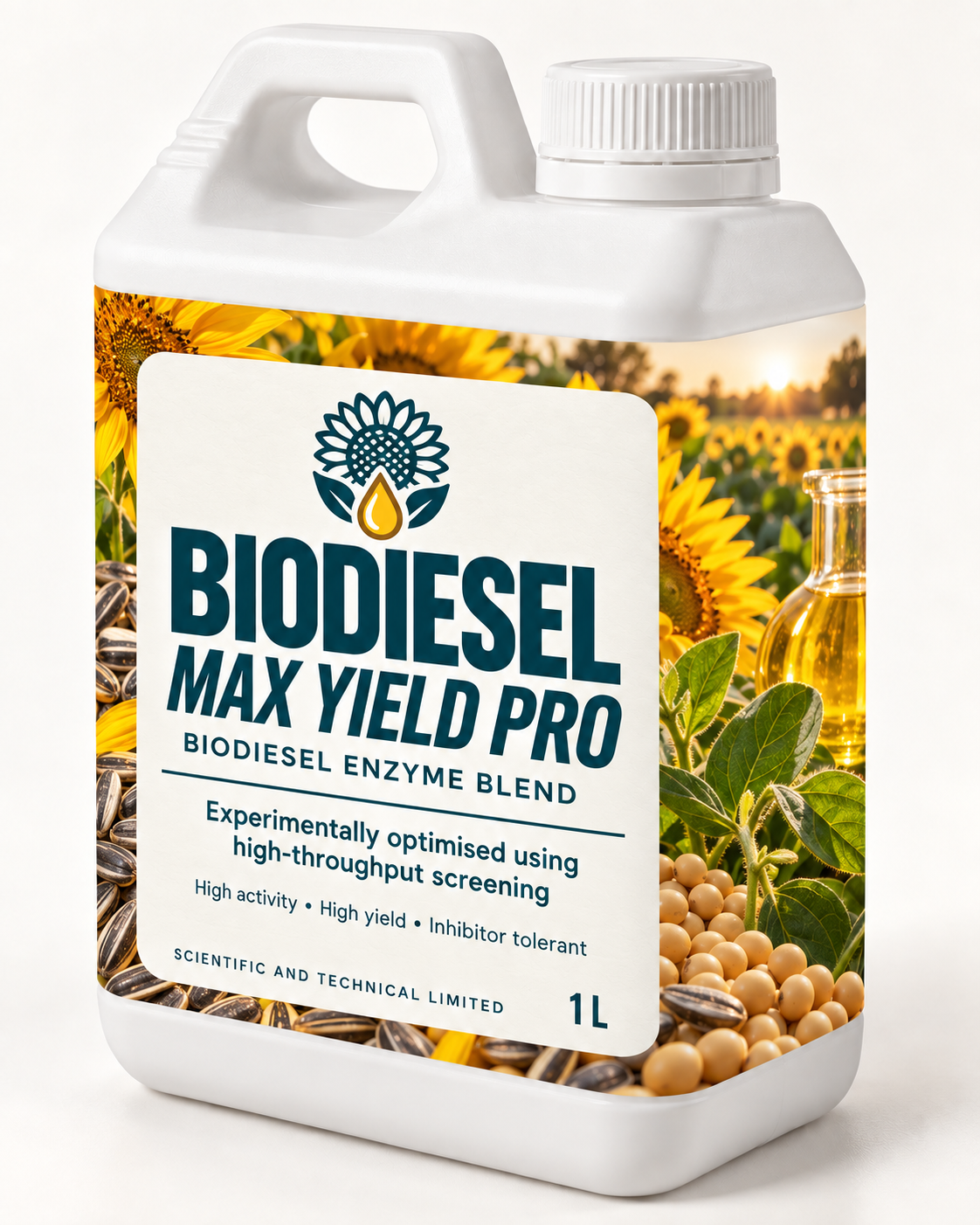 Biodiesel Max Yield Pro bottle image with sunflower and soybean imagery