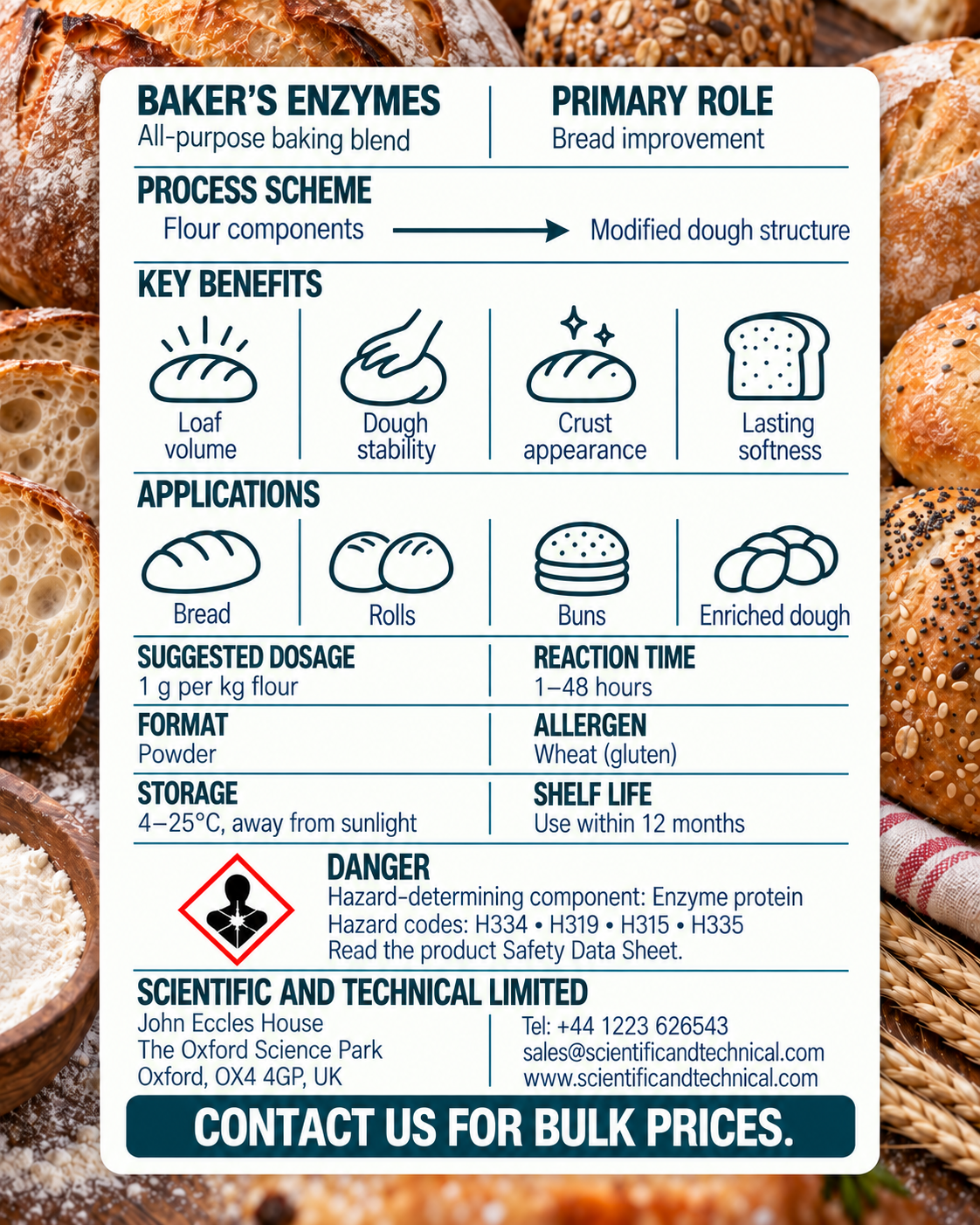 Baker's Enzymes back card: baking benefits, dosage, storage and safety