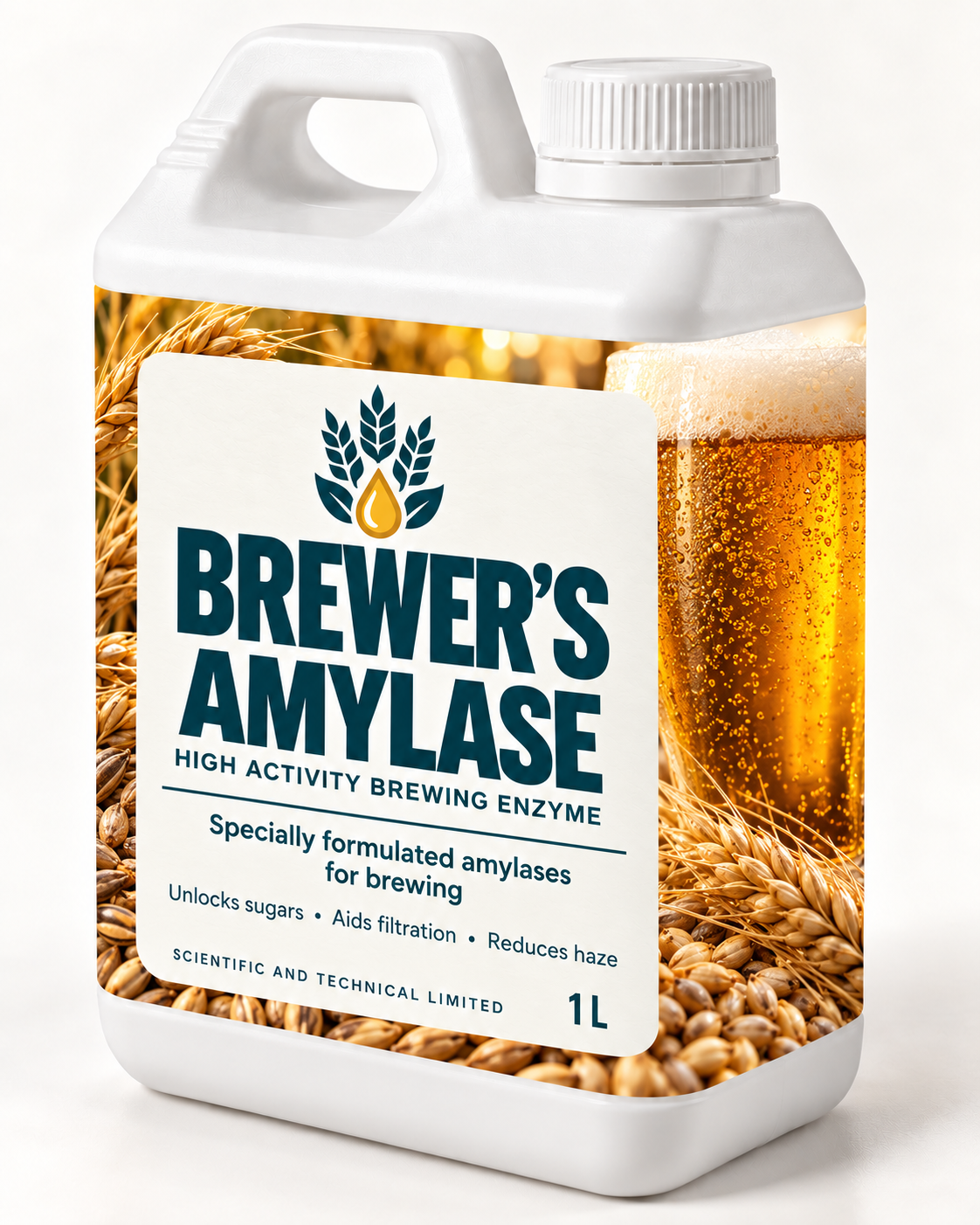 Brewer’s Amylase 1 L white bottle with dark teal typography and barley imagery