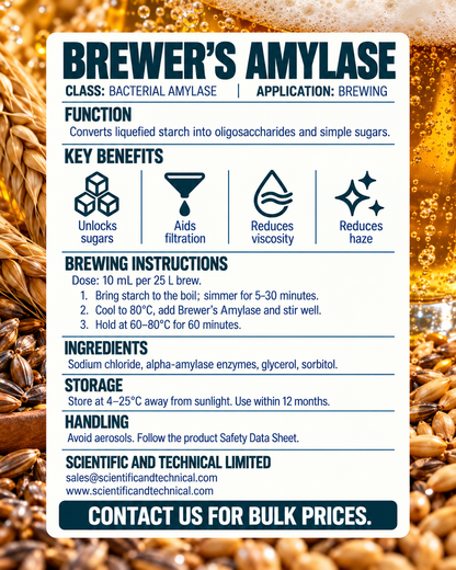 Brewer’s Amylase brewing instructions and technical details with dark teal typography and barley imagery