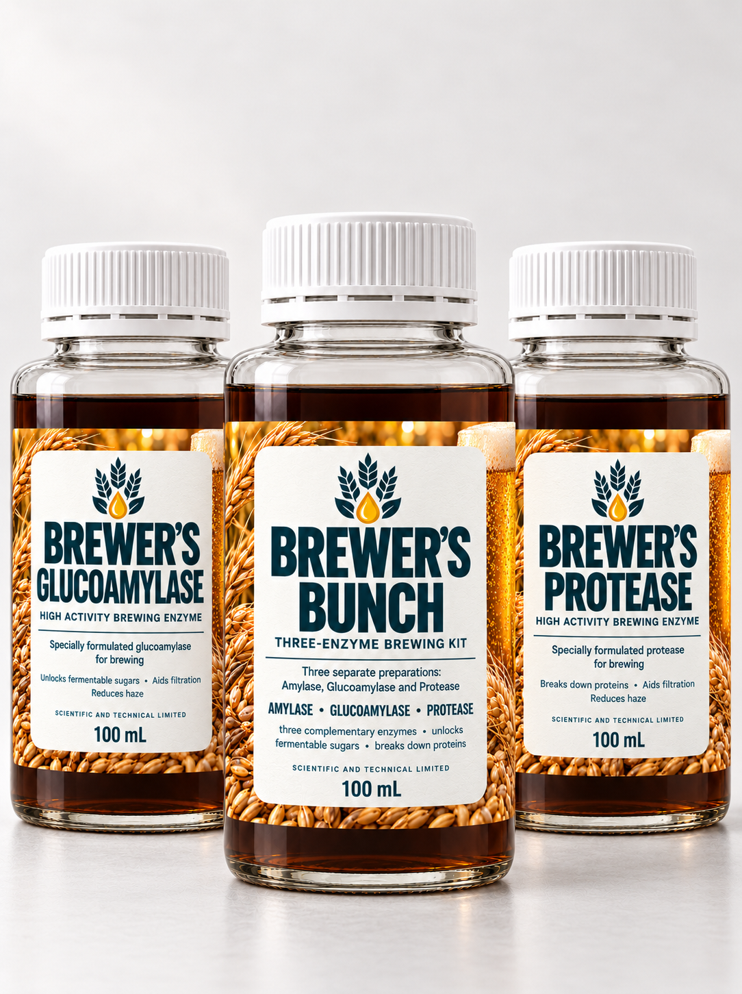 Brewer’s Bunch three 100 mL clear bottles with white caps and matching brewing labels