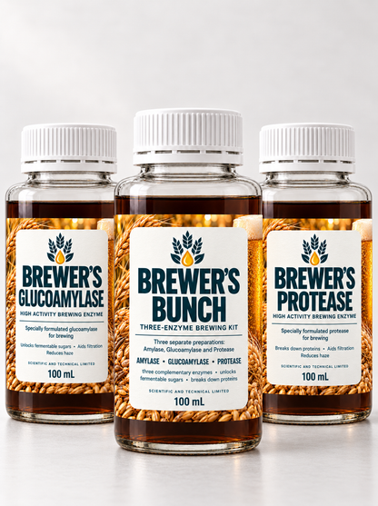 Brewer’s Bunch three 100 mL clear bottles with white caps and matching brewing labels