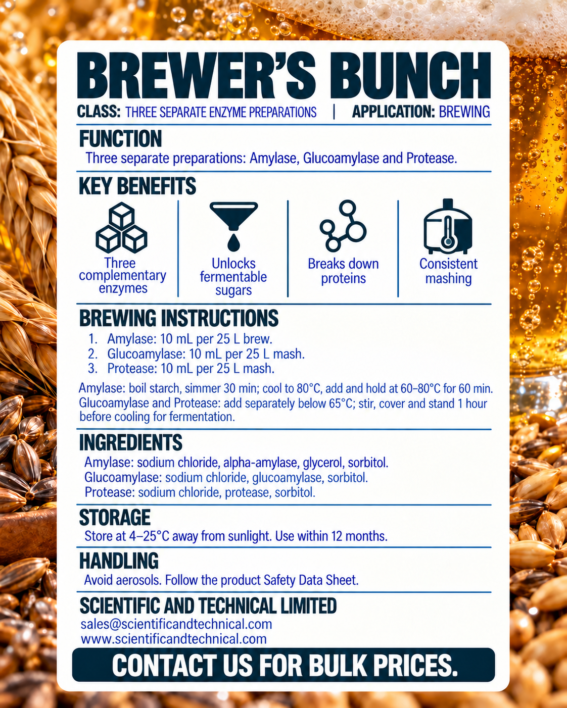 Brewer’s Bunch kit instructions, ingredients and storage with matching barley and beer background