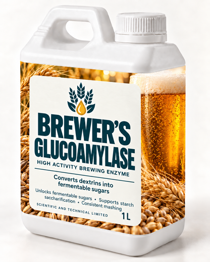 BREWER’S GLUCOAMYLASE white 1 L bottle with matching barley and beer wraparound label