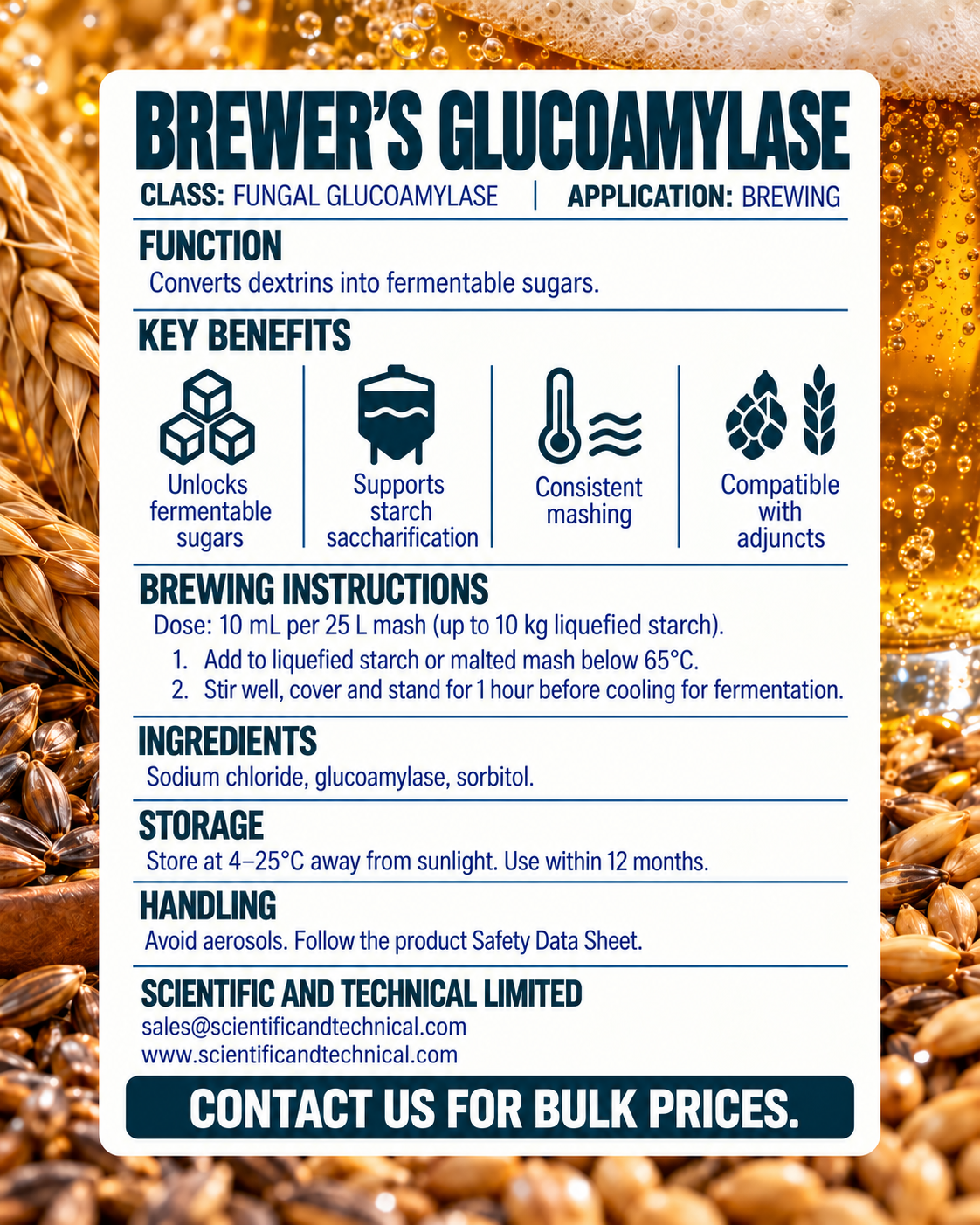 BREWER’S GLUCOAMYLASE brewing instructions and technical details with barley and beer background