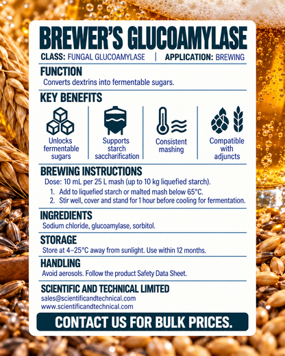 BREWER’S GLUCOAMYLASE brewing instructions and technical details with barley and beer background