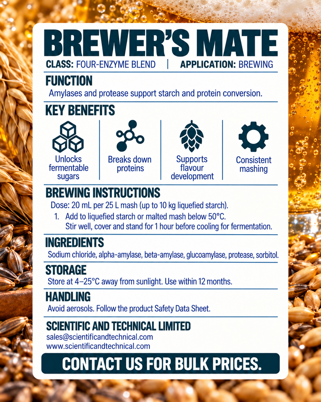 BREWER’S MATE brewing instructions and technical details with barley and beer background