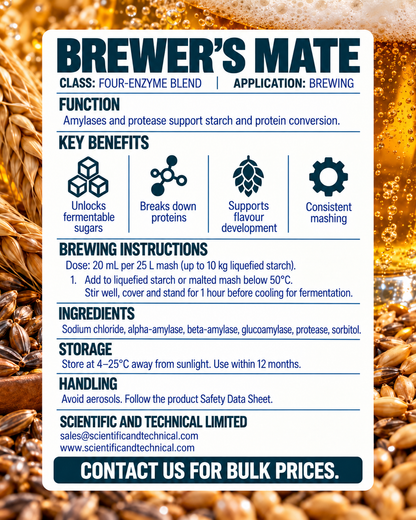 BREWER’S MATE brewing instructions and technical details with barley and beer background