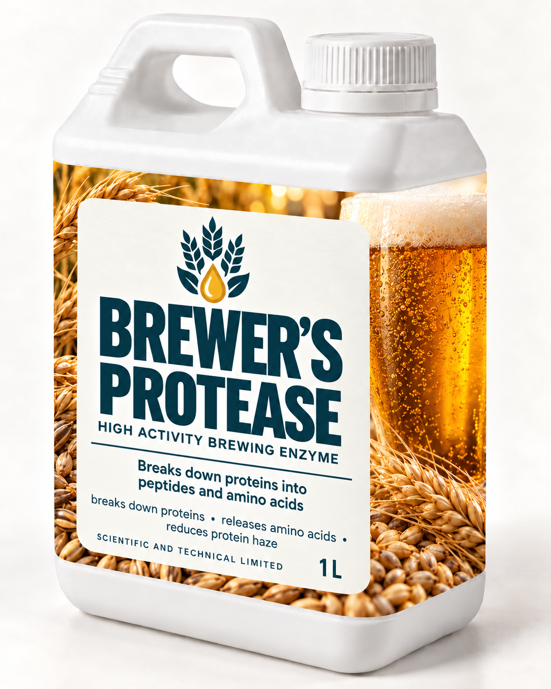 BREWER’S PROTEASE white 1 L bottle with matching barley and beer wraparound label