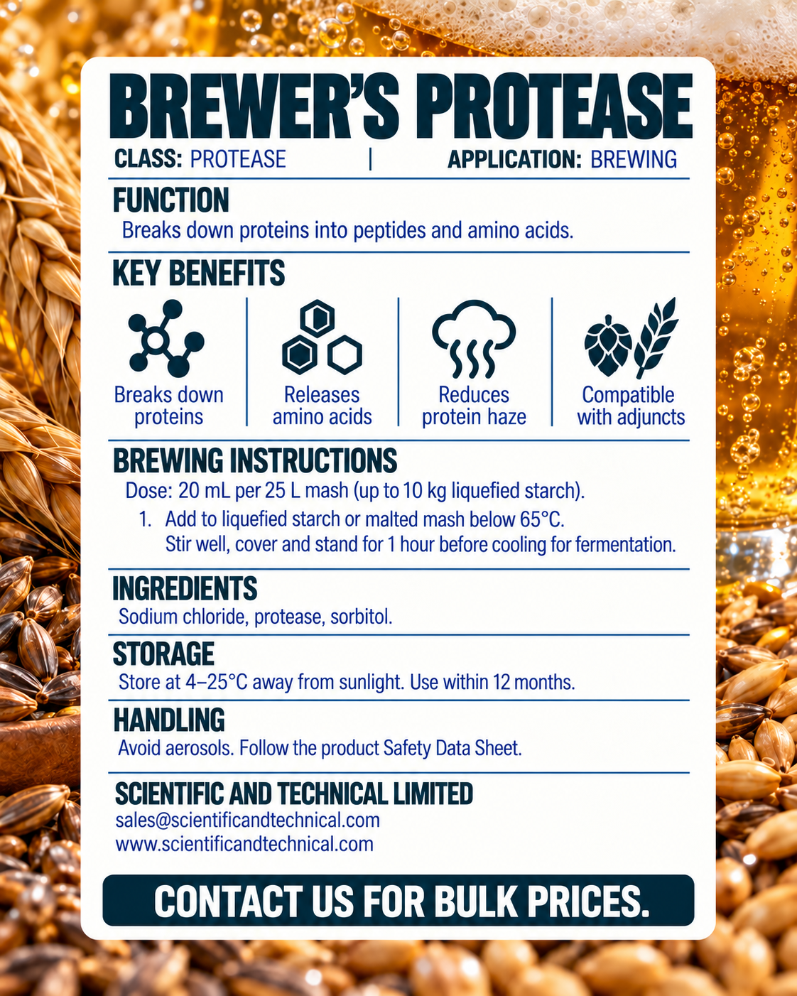 BREWER’S PROTEASE brewing instructions and technical details with barley and beer background