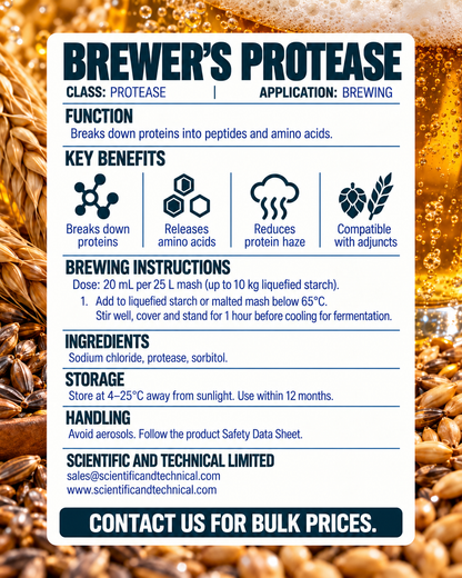 BREWER’S PROTEASE brewing instructions and technical details with barley and beer background