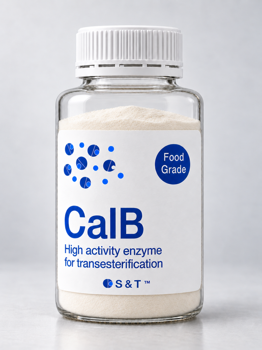 CalB bottle containing fine enzyme powder