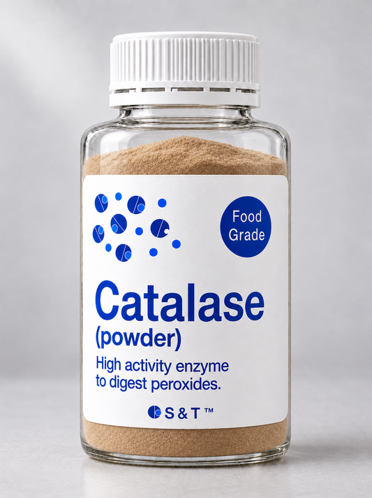Catalase (powder) bottle containing fine enzyme powder