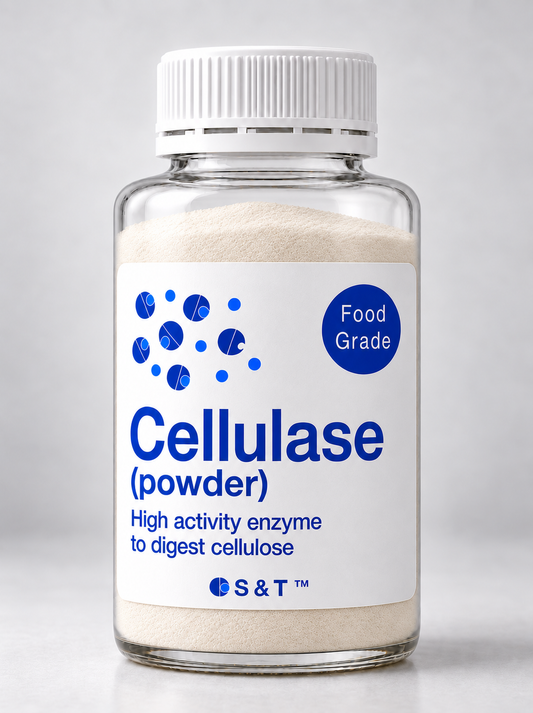 Cellulase (powder) bottle containing fine enzyme powder