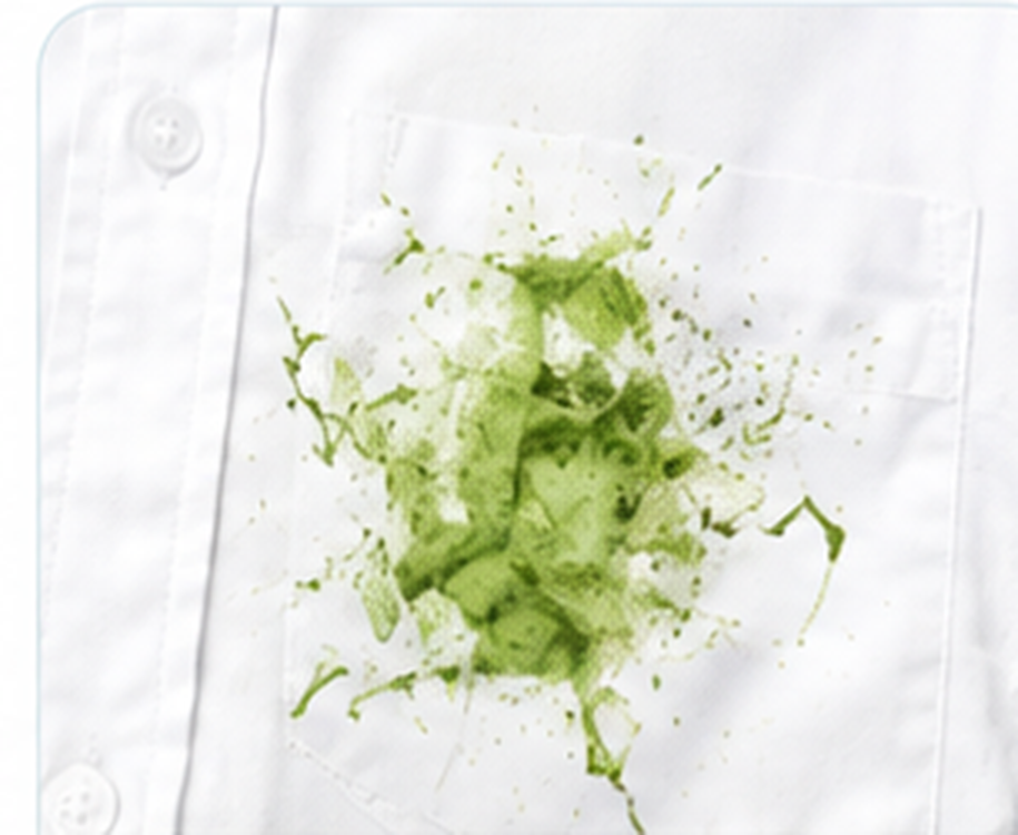 White shirt with a green plant and grass stain