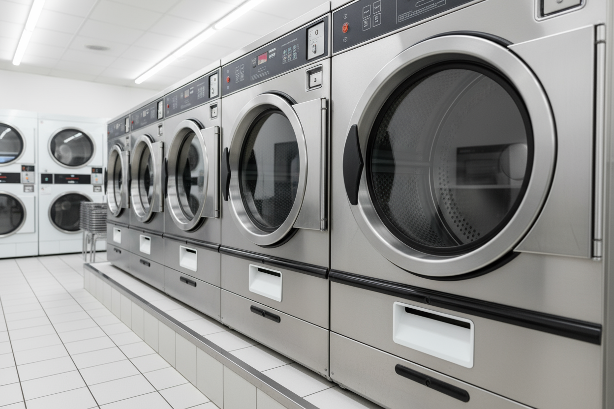 Close up view of a series of washing machines in a launderette 