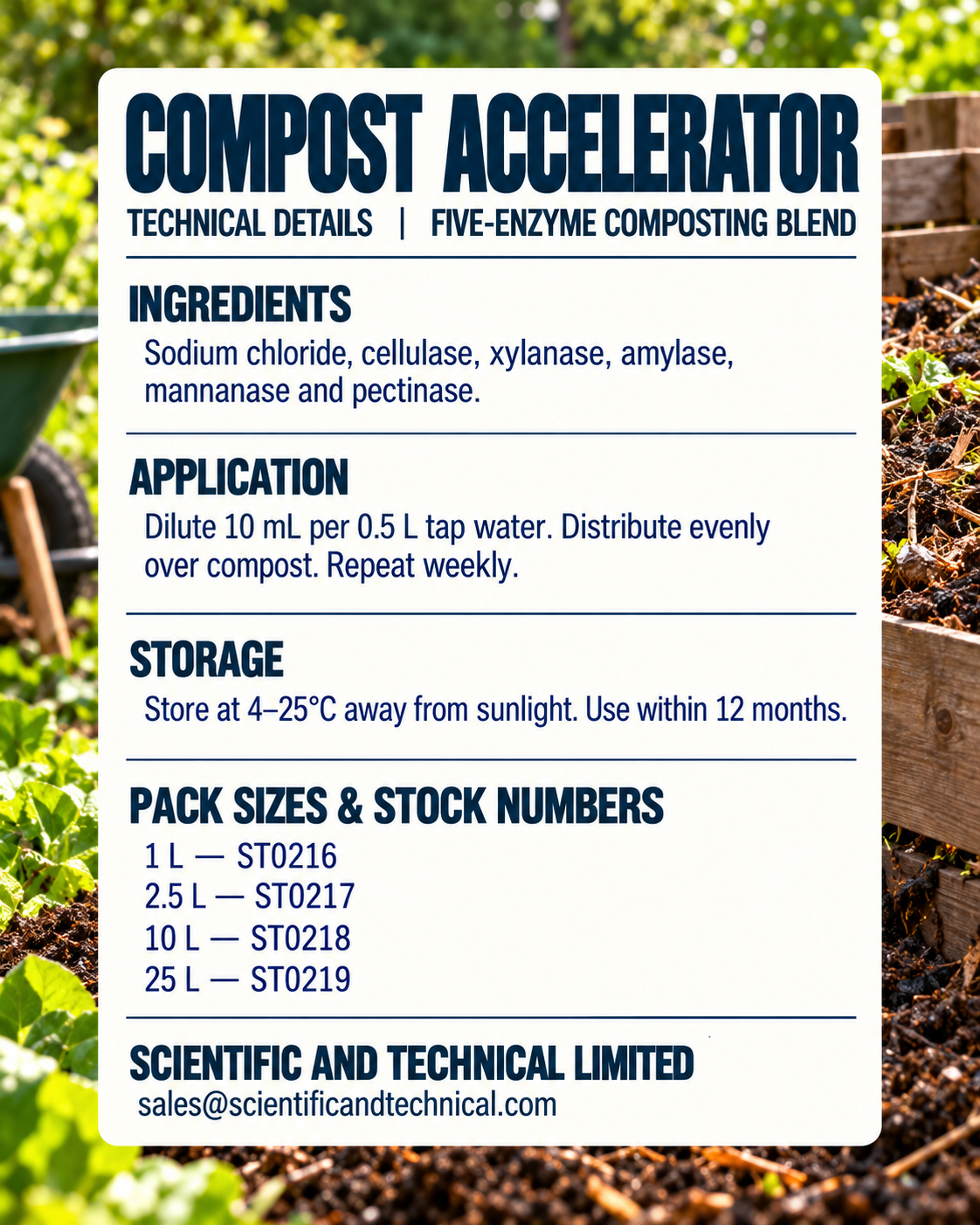 Compost Accelerator back technical card: ingredients, application, storage and pack sizes