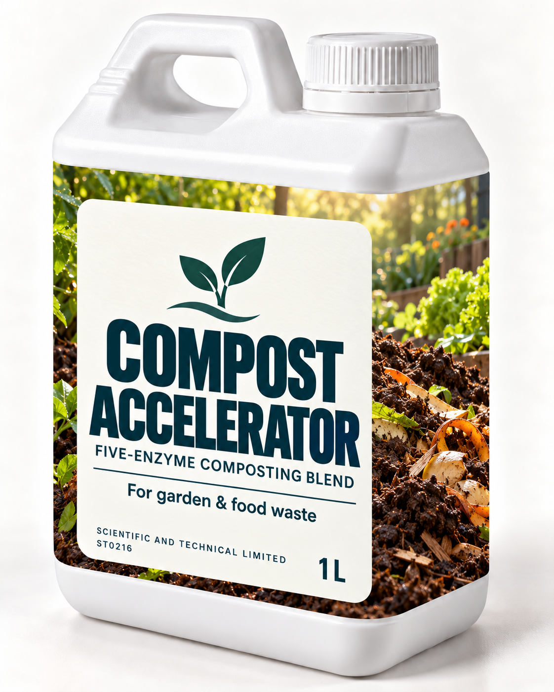 Compost Accelerator five-enzyme composting blend — 1 L white jerry can