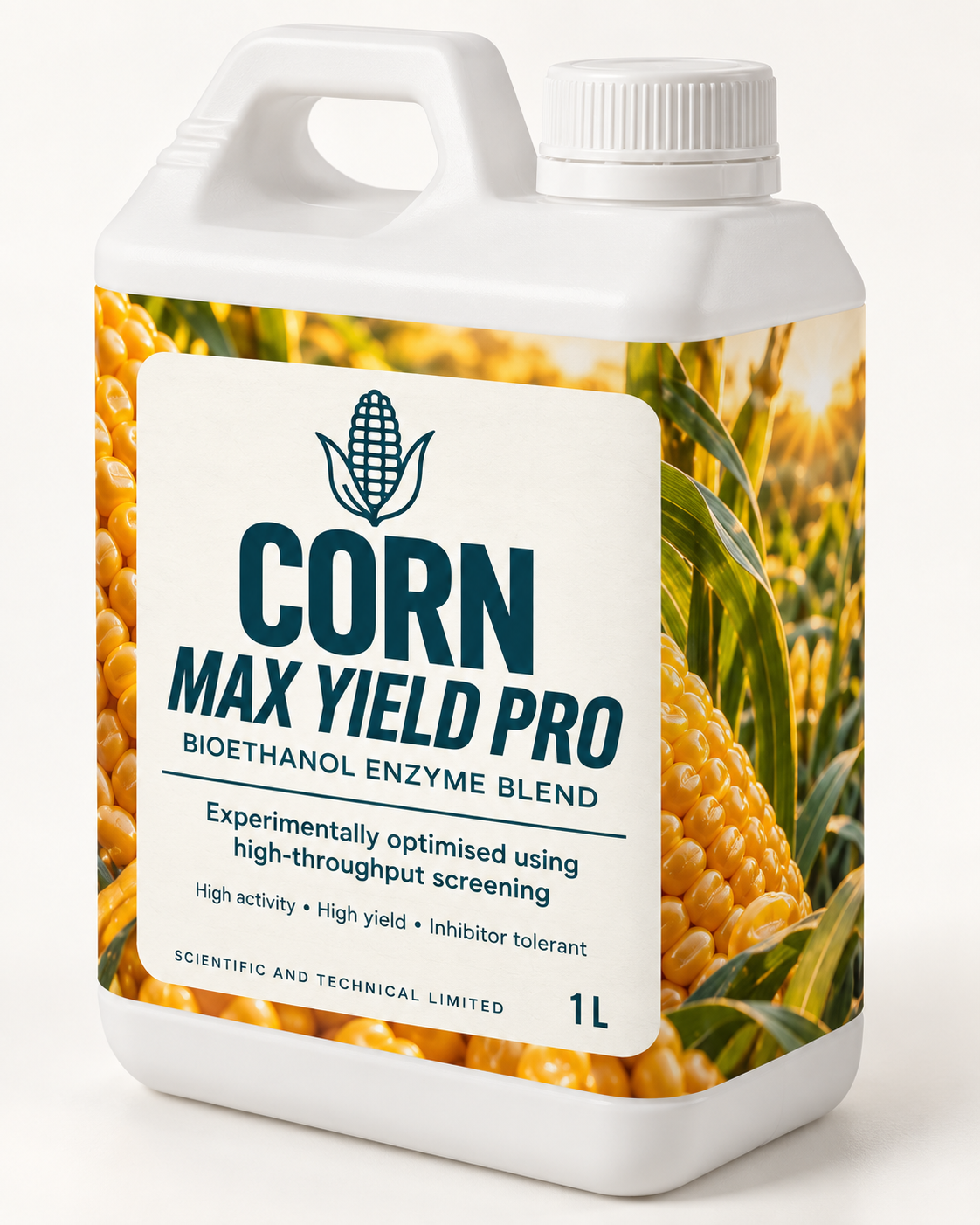 Corn Max Yield Pro white 1 L bottle with corn-themed wraparound label