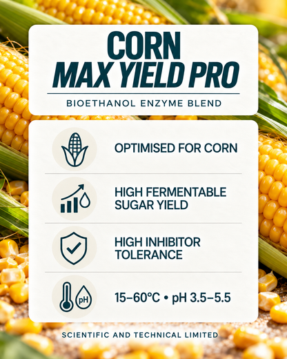 Corn Max Yield Pro product features: corn conversion, sugar yield, inhibitor tolerance and operating range