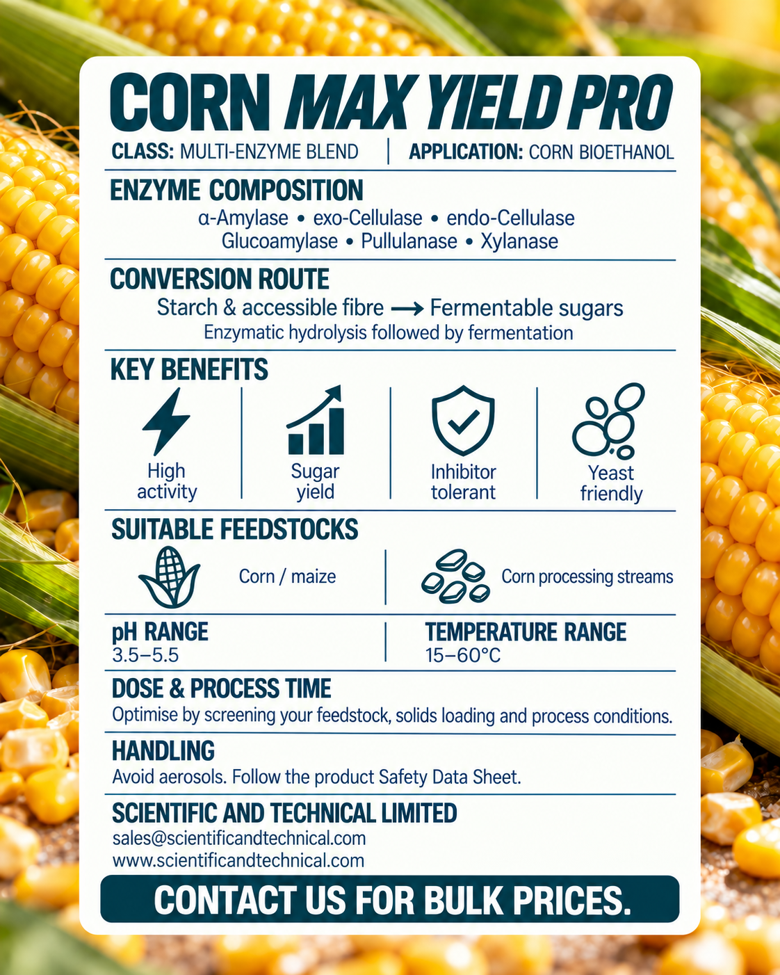 Corn Max Yield Pro enzyme composition, feedstocks, operating ranges and screening guidance