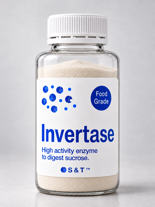 Invertase bottle containing fine enzyme powder