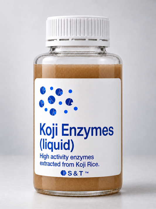 Koji Enzymes (liquid) bottle containing light brown liquid